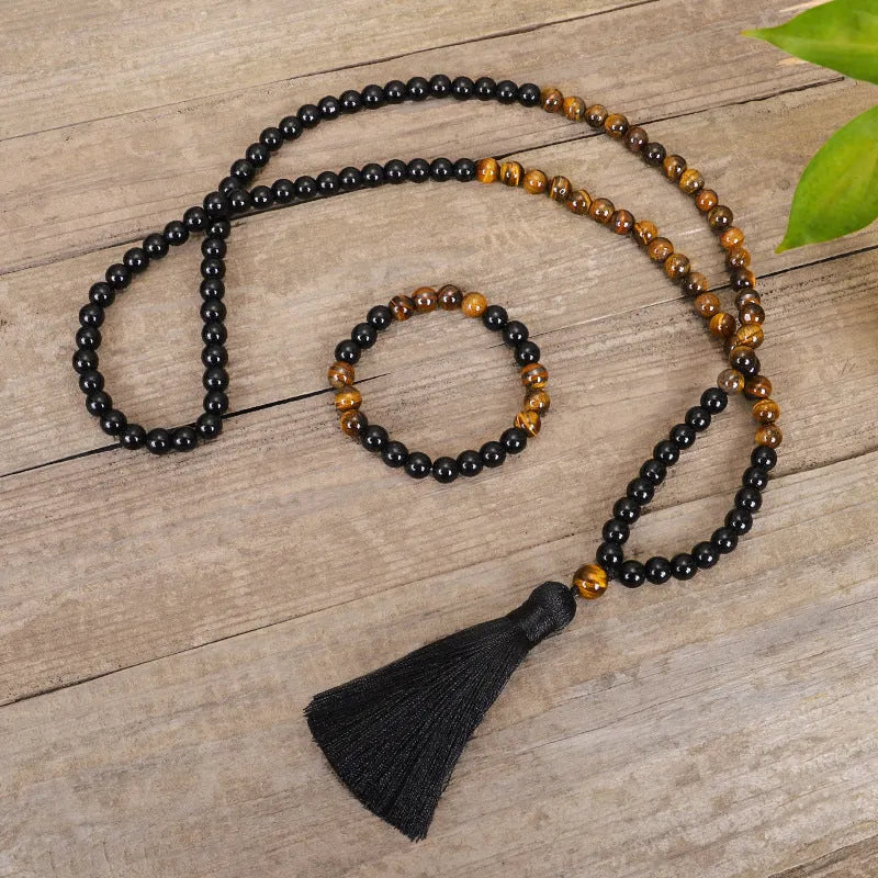 Handmade tiger eye stone necklace with brass tassel charm on ball bead chain