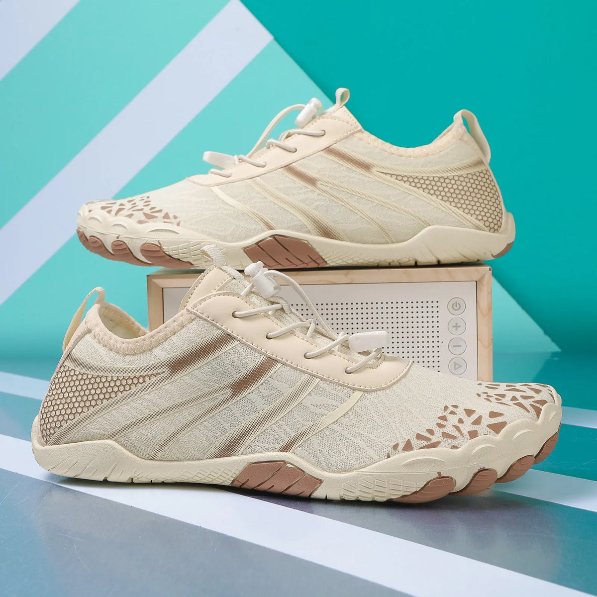 Beach running shoes in stretch Lycra fabric, shown in beige colour.