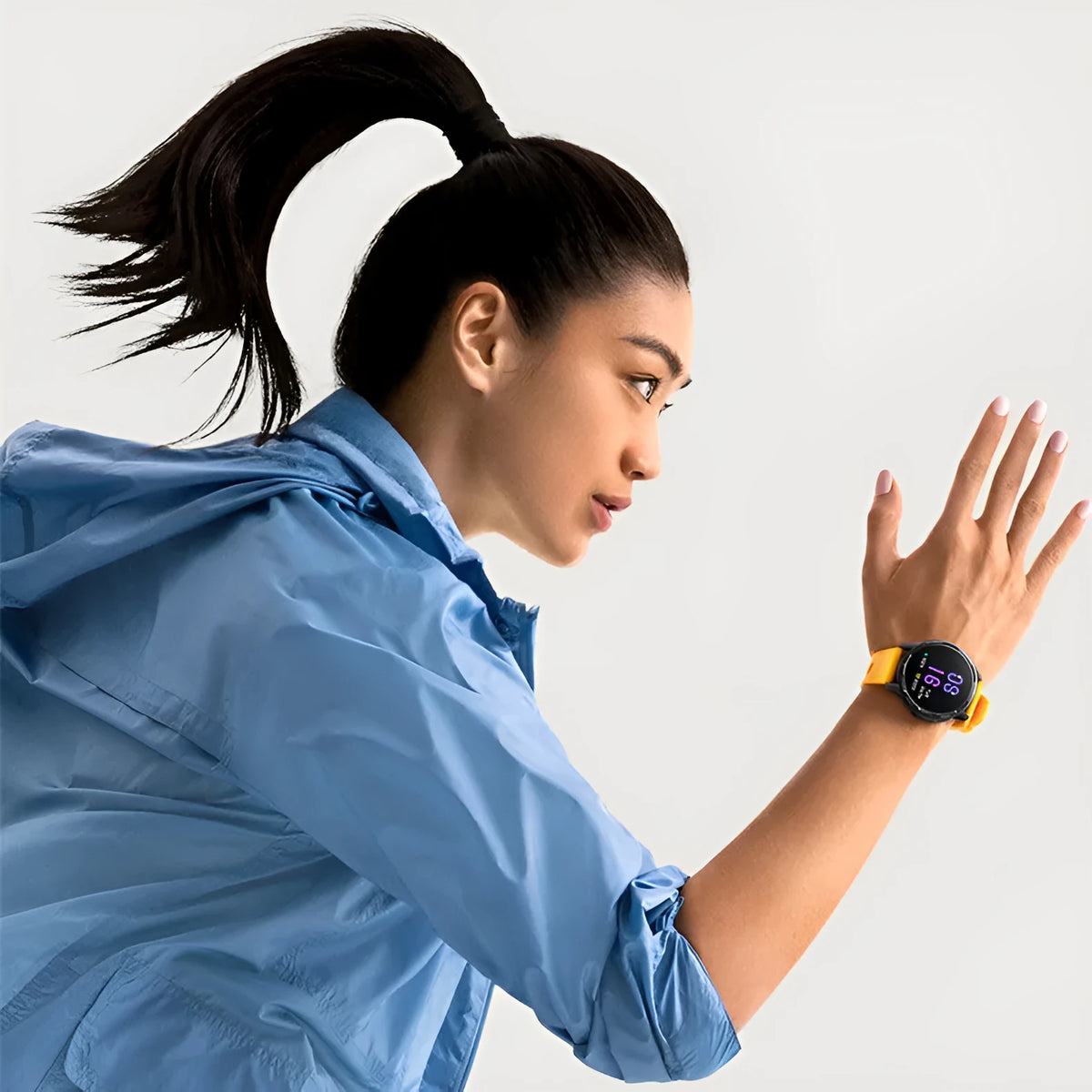 Smart watch with black silicone strap and round 1.43-inch screen showing fitness metrics.