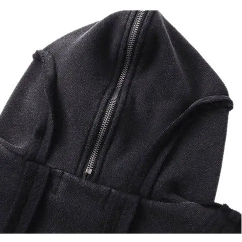 Black mens loose-fit cotton padded coat with hood and abstract retro pattern, zip front.