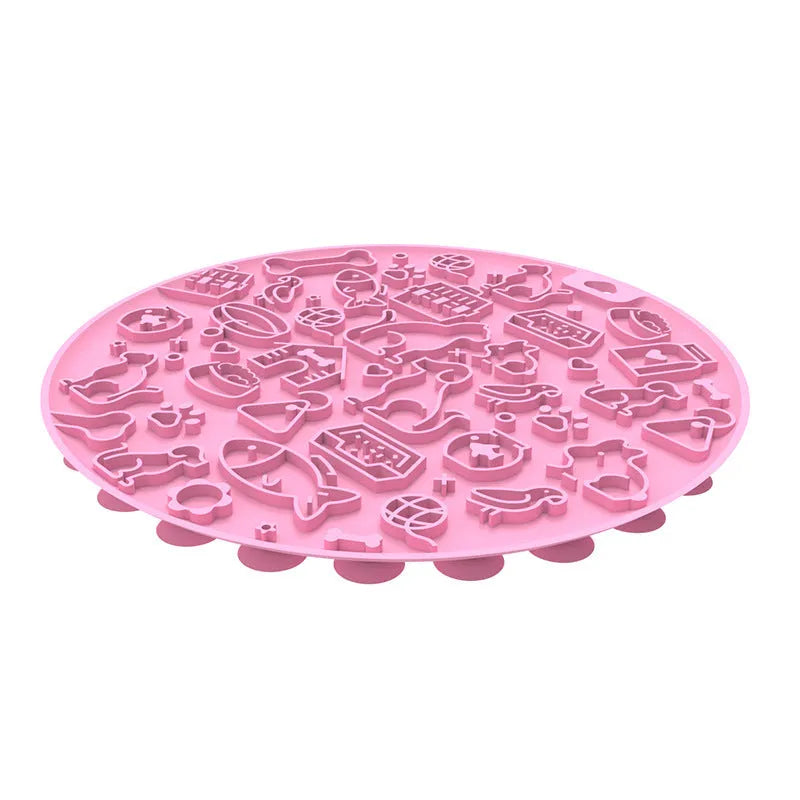 Round blue silicone pet licking mat for cats and dogs on a white background.
