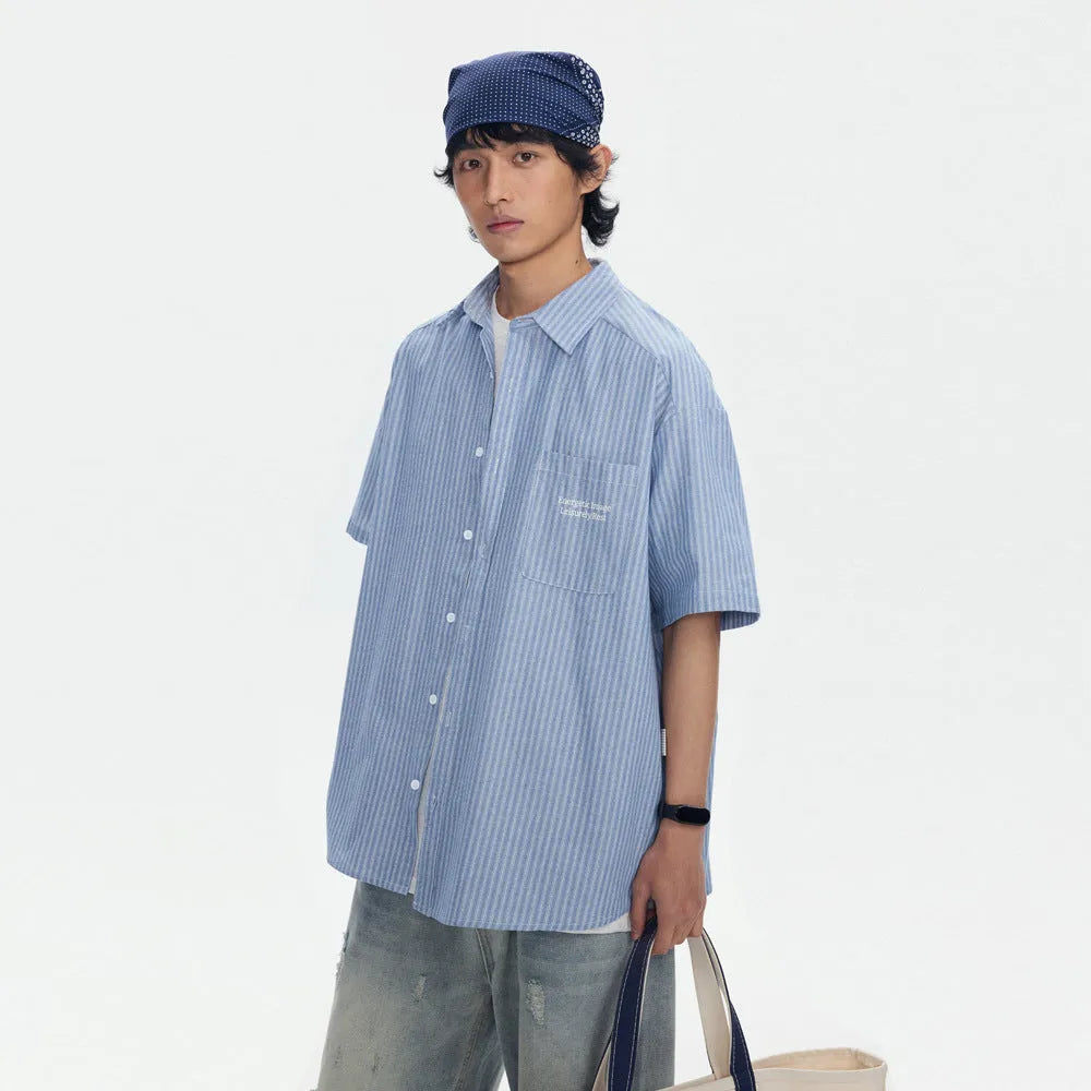Blue striped overalls short-sleeved shirt in loose-fitting cardigan style