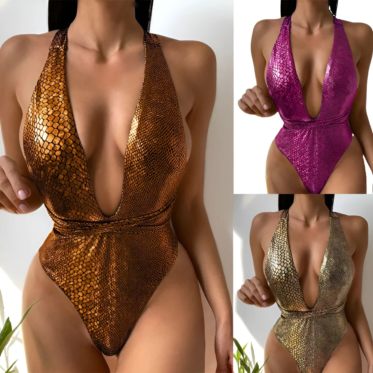 Women's solid colour sequined one-piece swimsuit in gold, shown front view.