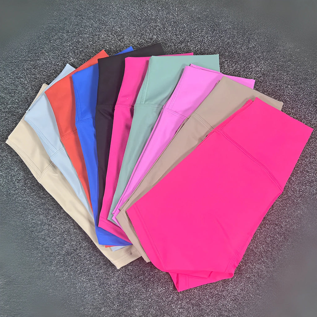 Ladies high-waist yoga shorts in moisture-wicking nylon fabric, shown in various colours