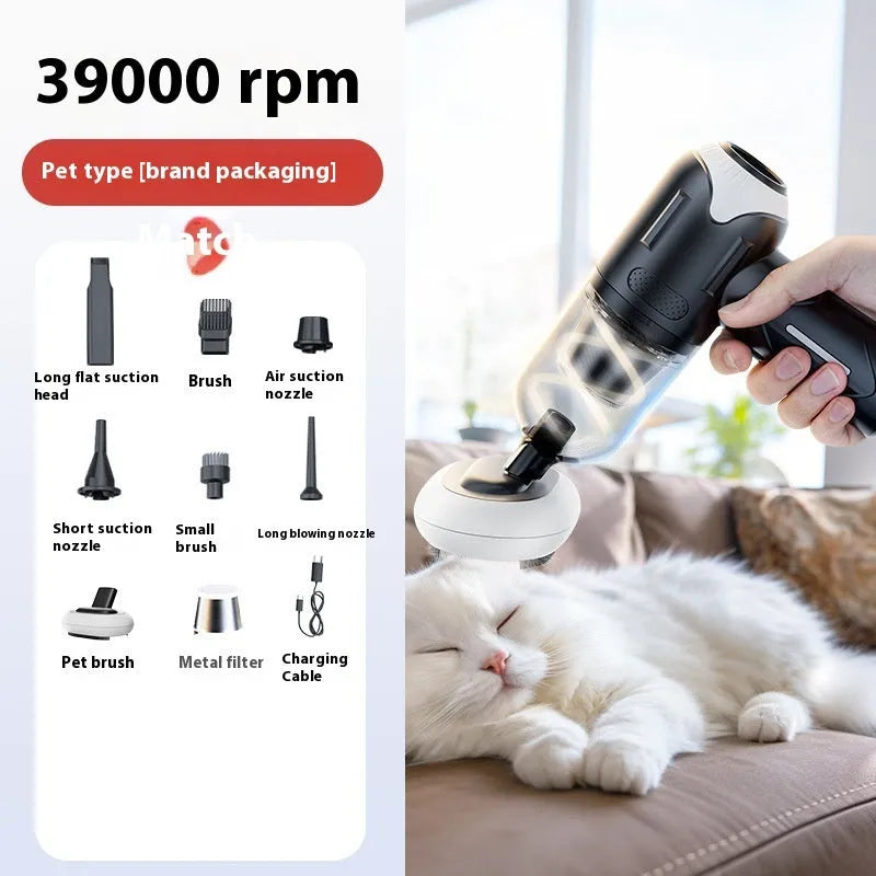 Wireless handheld pet hair vacuum cleaner with multiple nozzle attachments on a white background.