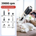Wireless handheld pet hair vacuum cleaner with multiple nozzle attachments on a white background.