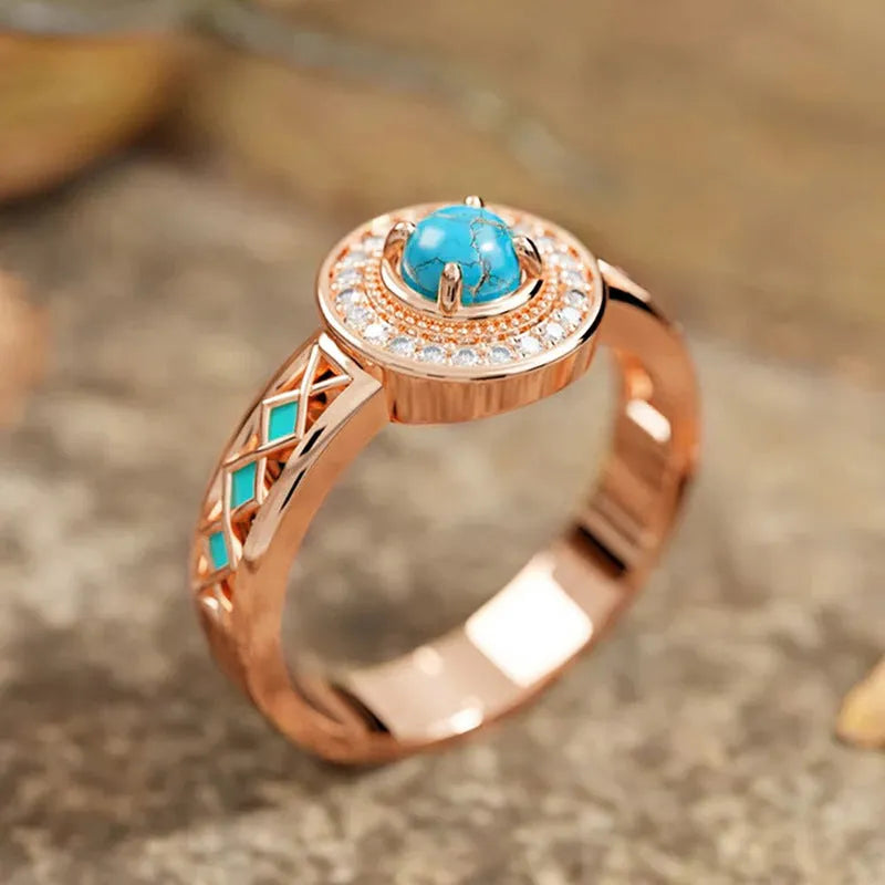 Women's turquoise zircon ethnic ring with geometric design in rose gold copper