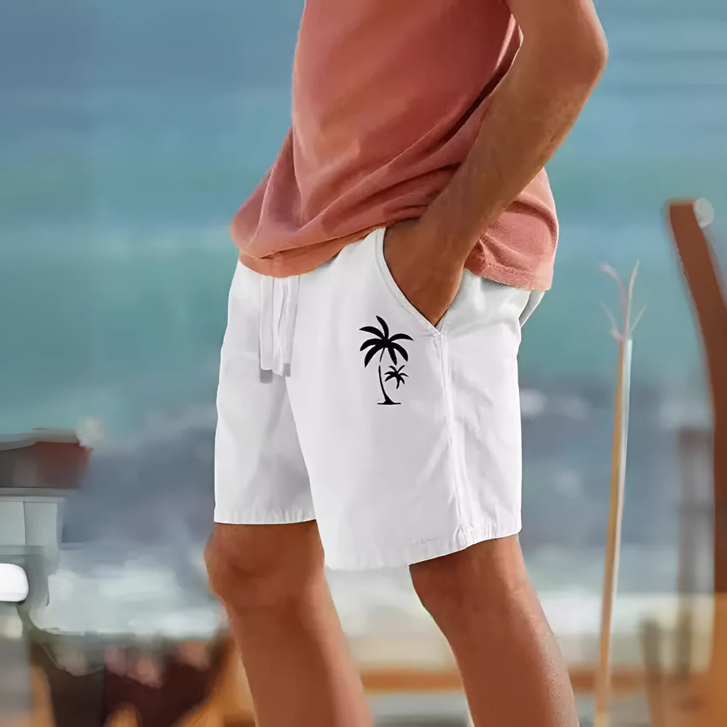 Men's cotton blend beach shorts with heat transfer patch detail and drawstring waist