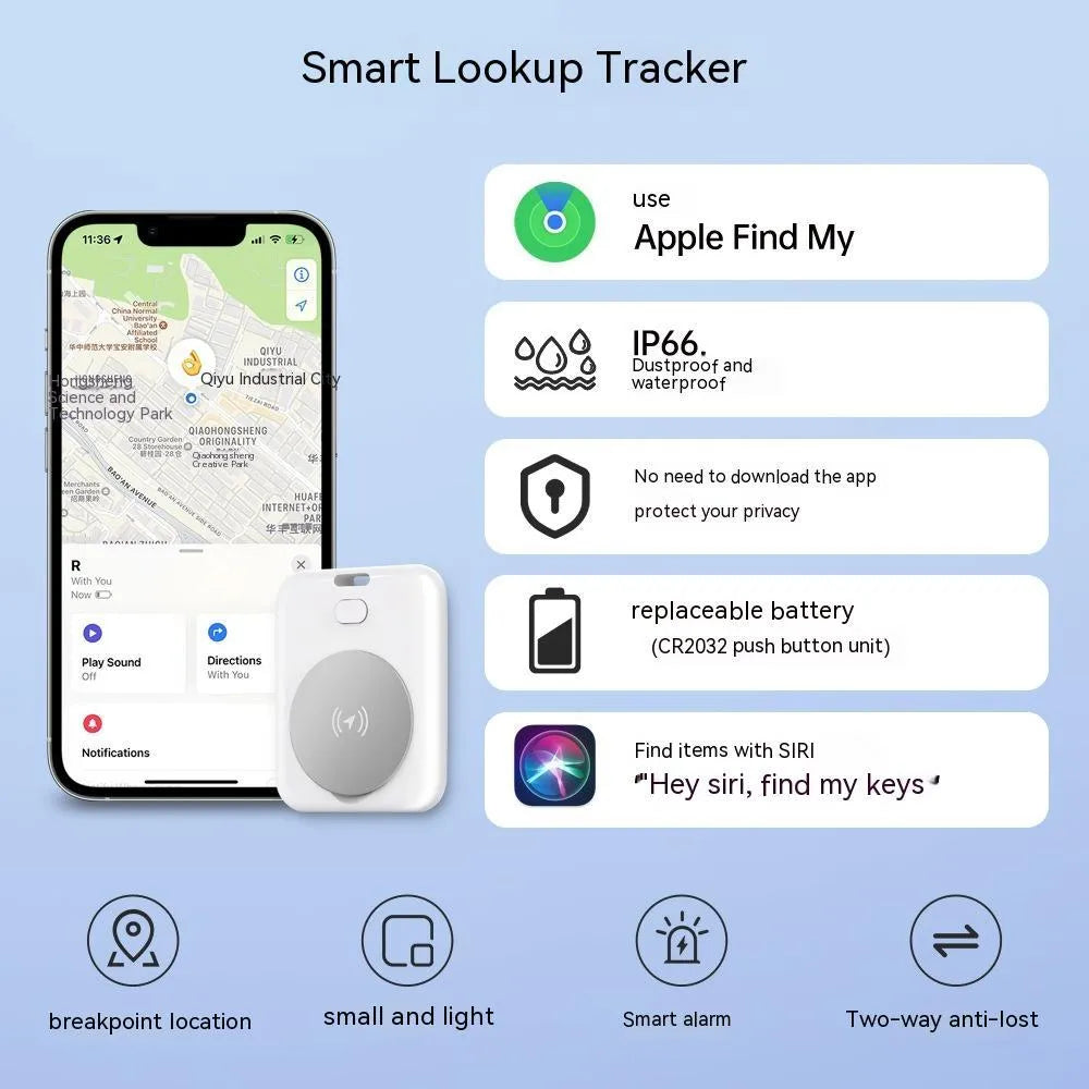 White smart anti-lost pet locator for Apple devices with tracking and alarm features