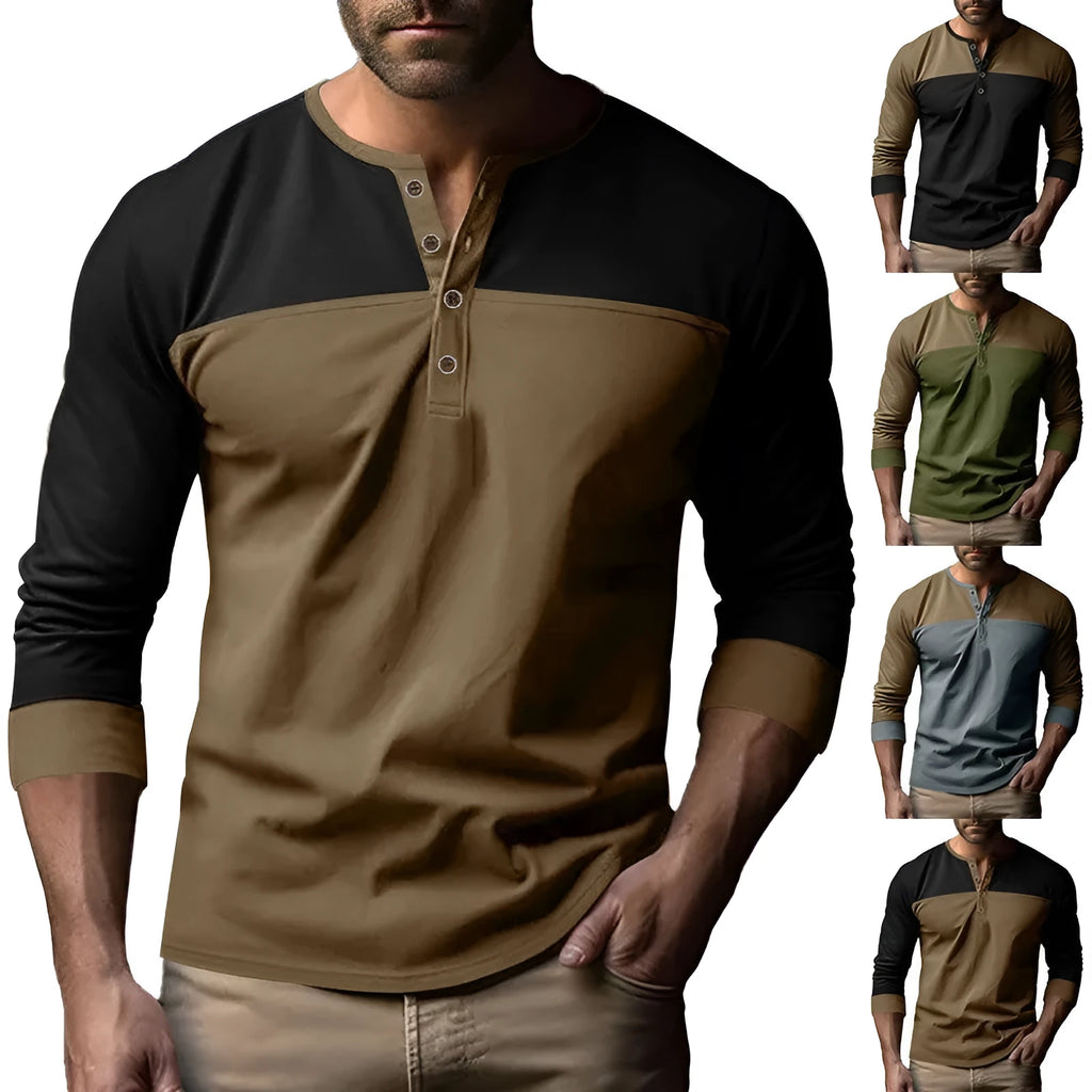 Men's long sleeve casual shirt with henry collar in solid colour beaded twill fabric.