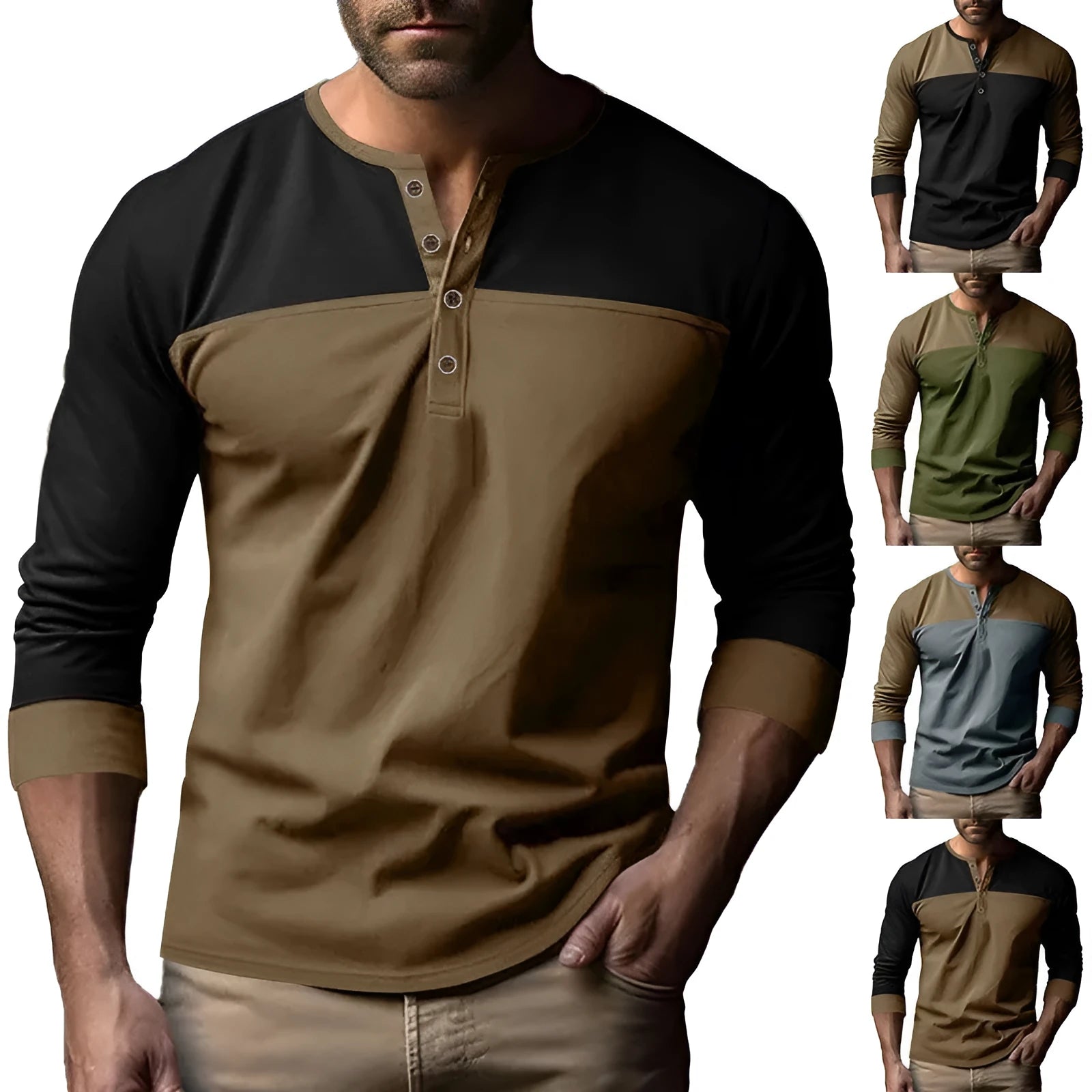 Men's long sleeve casual shirt with henry collar in solid colour beaded twill fabric.