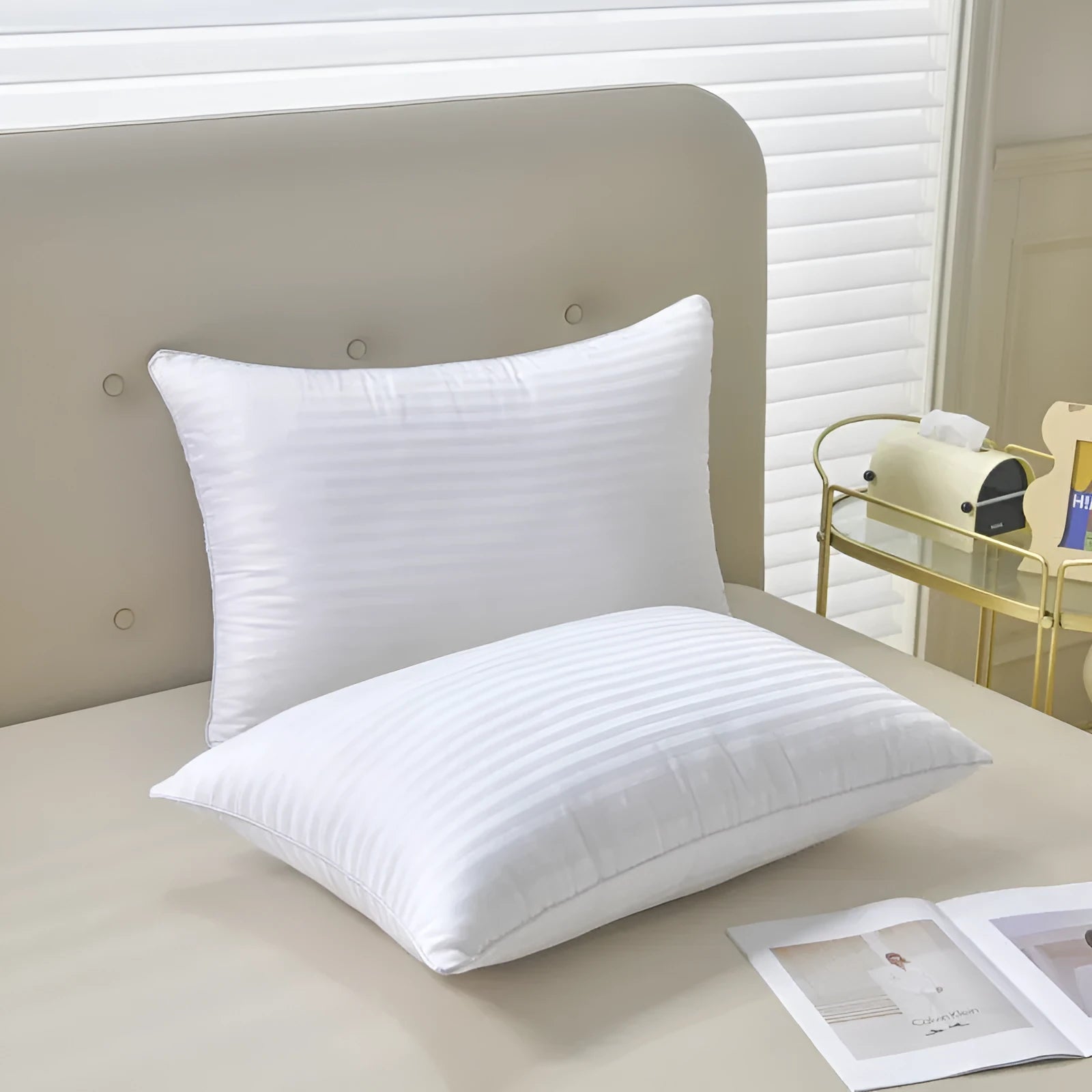 White hotel cotton satin stripe pillow with feather and cotton filling shown in three size options.