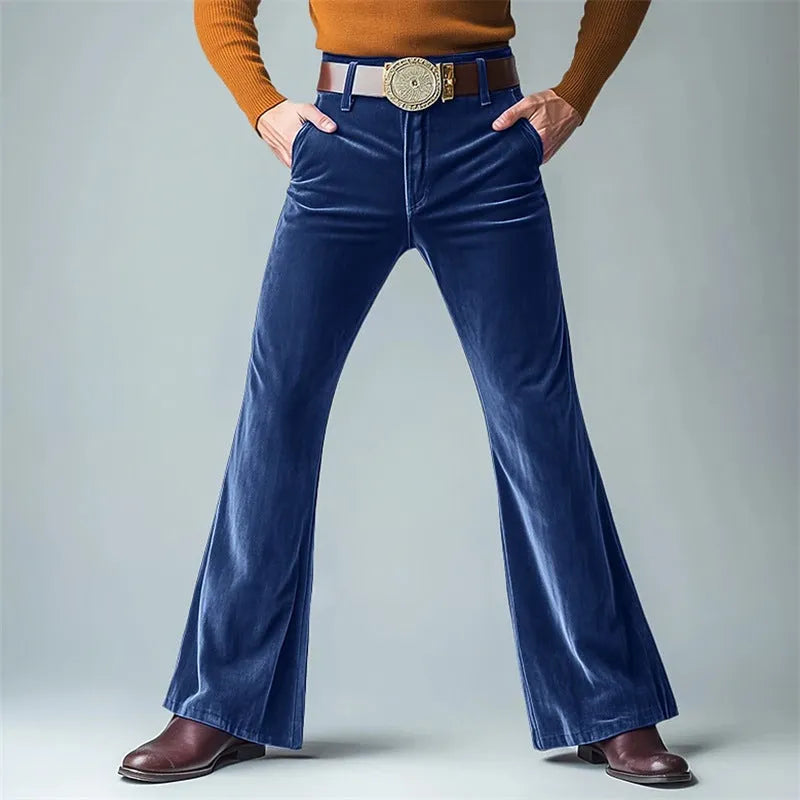Men's gold velvet slim flared suit trousers in seven colours including dark red and khaki