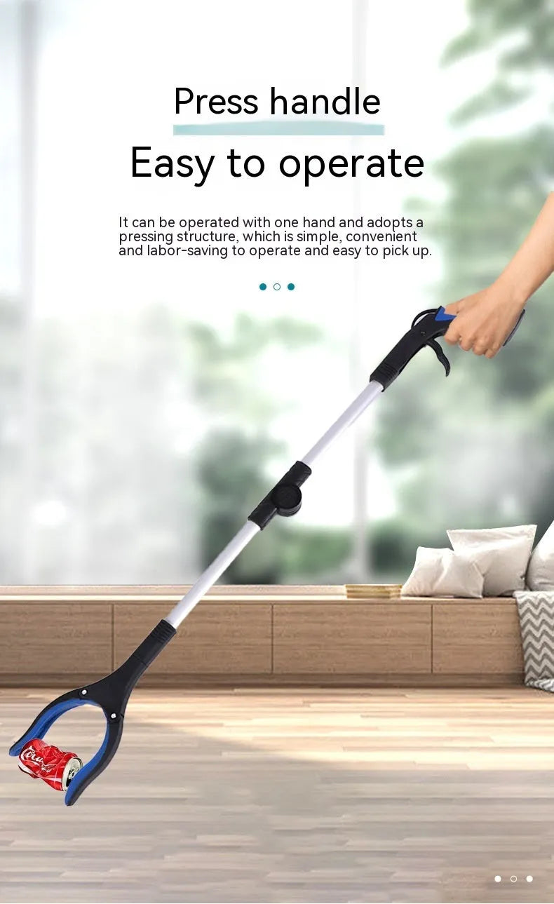 Foldable aluminium garbage pick-up clamp with magnetic end, shown extended and with blue handle.