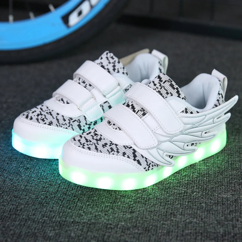 Children's plum red and white LED light-up sneakers with USB charging port and hidden colour selection switch