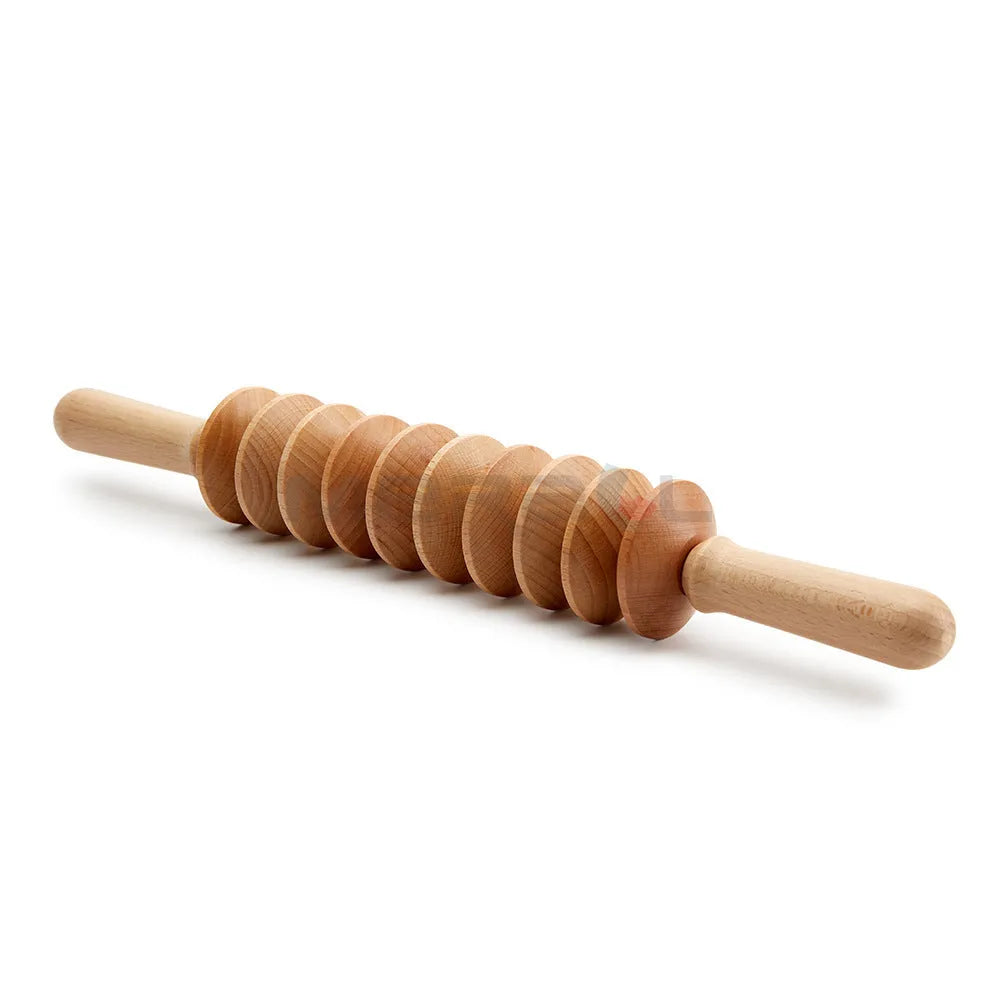 Wooden massage roller set with multiple beech wood roller shapes including T-shaped and wheel configurations