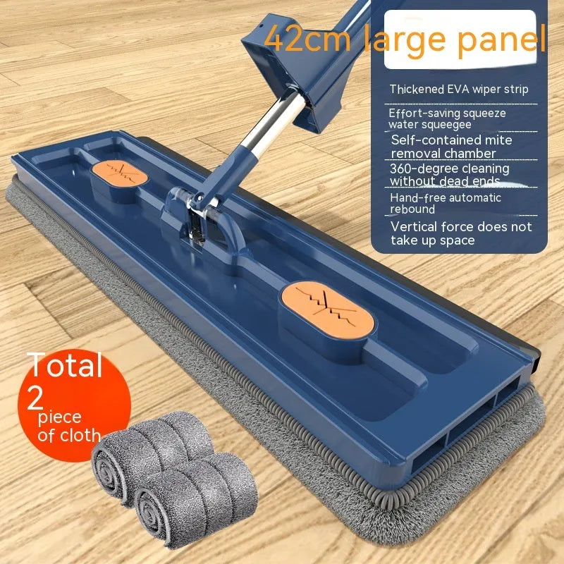 Large flat mop with rotating blue head on stainless steel handle next to white and blue cloths