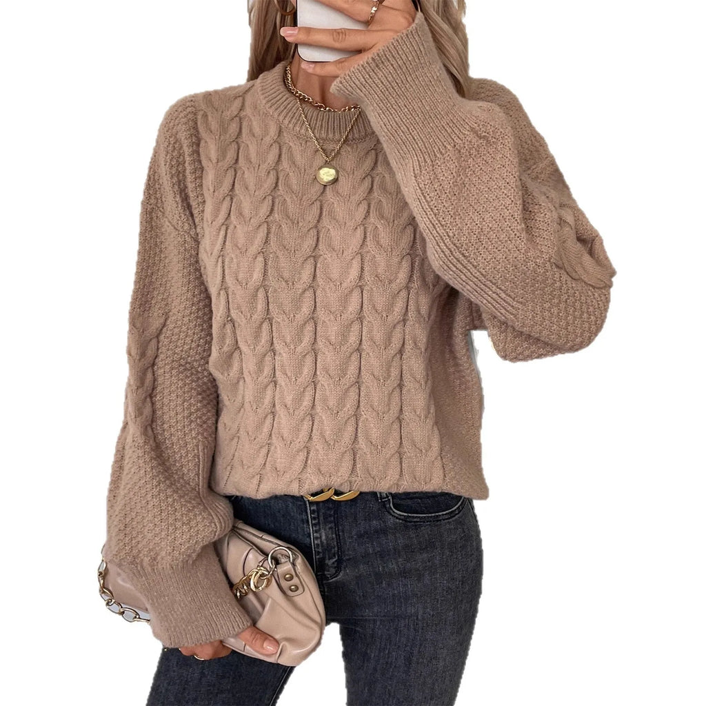 Women's beige round neck casual polyester sweater with loose fit on hanger