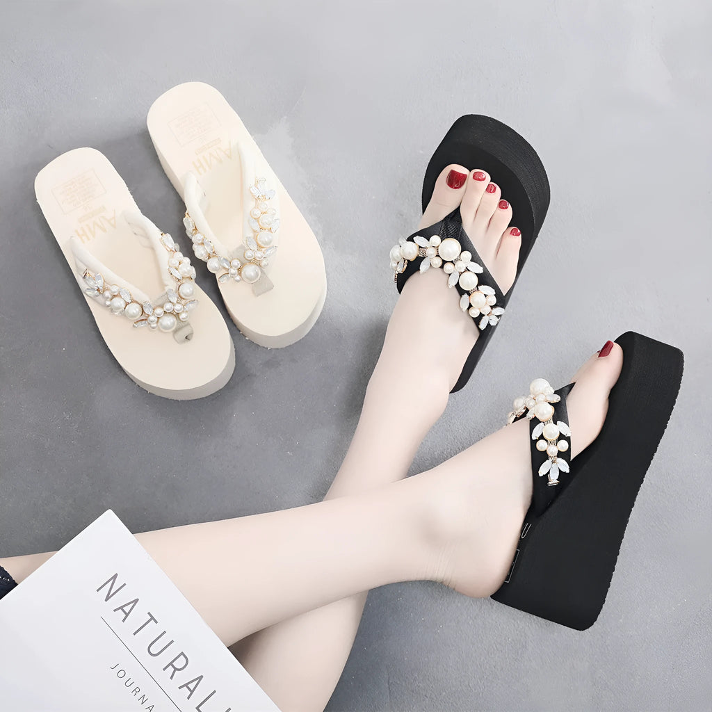 Women's beige high-heeled flip-flops with a cotton cloth upper and an adjustable strap.
