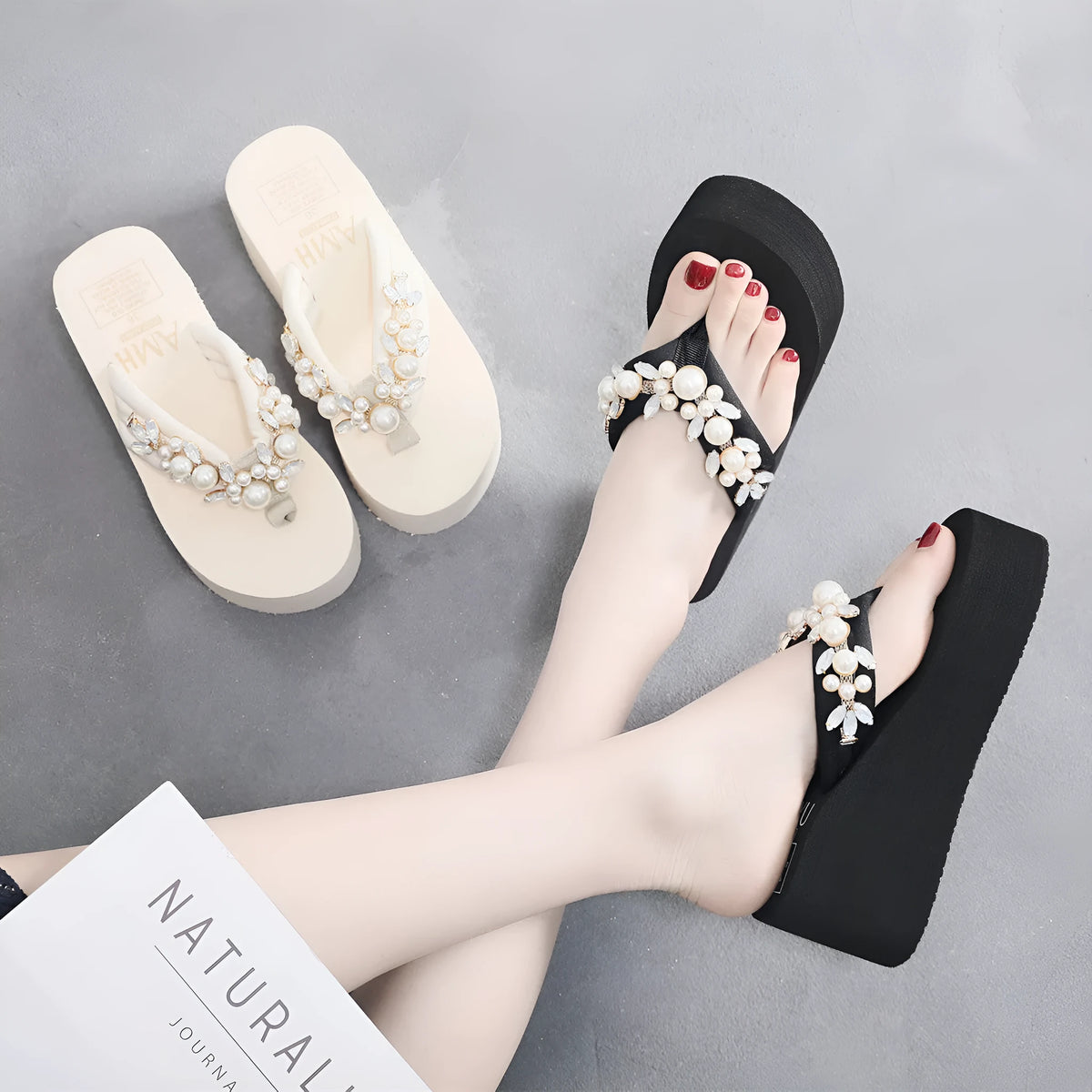 Women's beige high-heeled flip-flops with a cotton cloth upper and an adjustable strap.