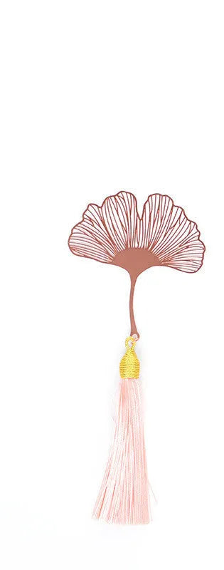 Brass metal hollow plated bookmark with leaf design and rose gold tassel