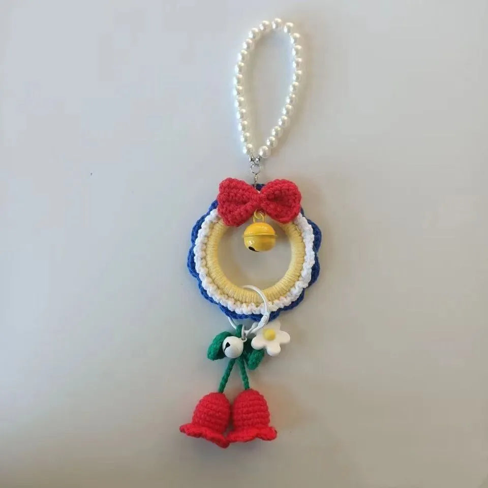 Handmade yarn weaving car hanging pendant with plush Snow White design and optional red wind chimes