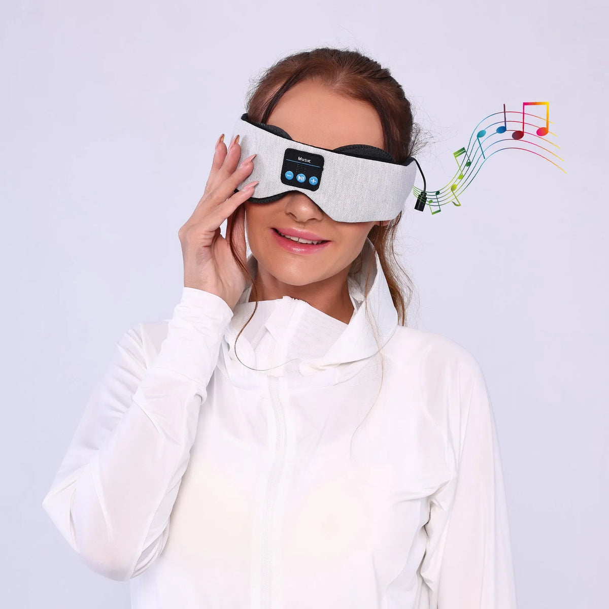Grey outline Bluetooth sleeping eye mask with long eyelashes design and polyester eye cover