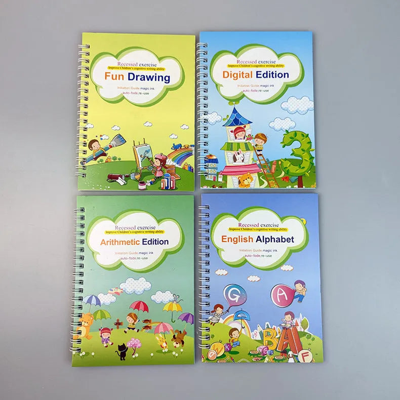 Magic stylus calligraphy copybook set for children with four practice books and pen.