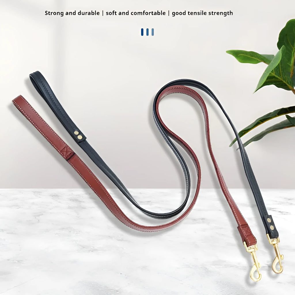 Black PU leather dog lead with metal clip showing adjustable length options