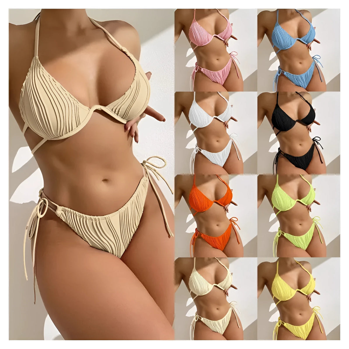 Women's split style bikini swimsuit with underwire support in various colours.