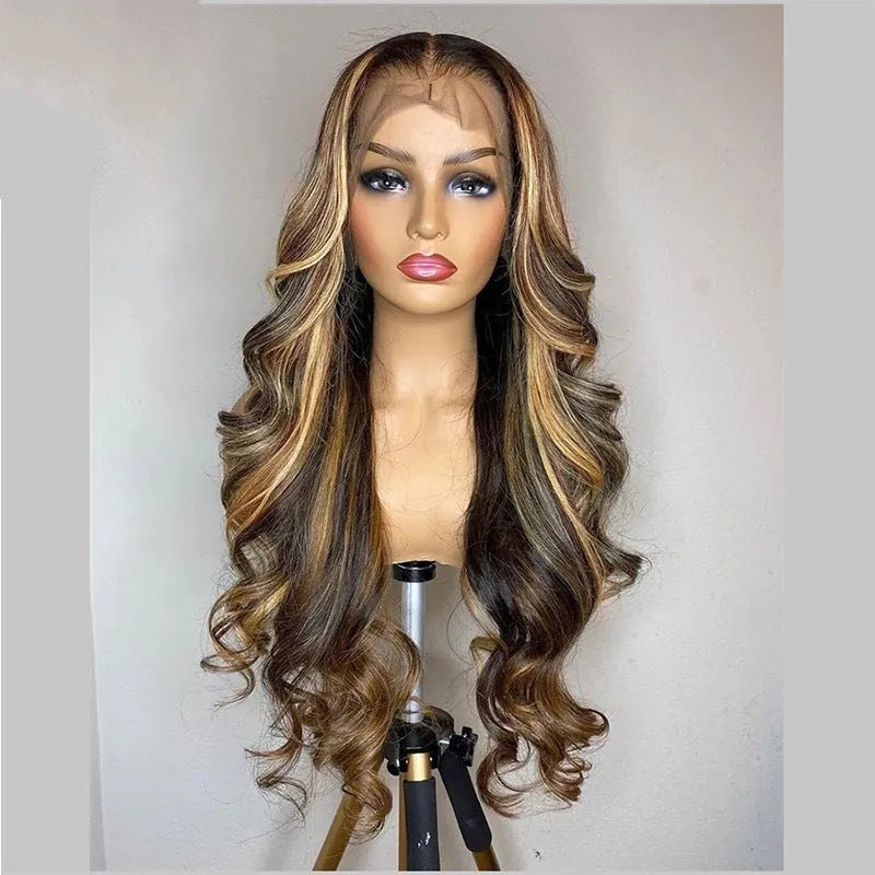 Front lace wig with 134 gradient colour long curly synthetic fibres in black or piano colour options