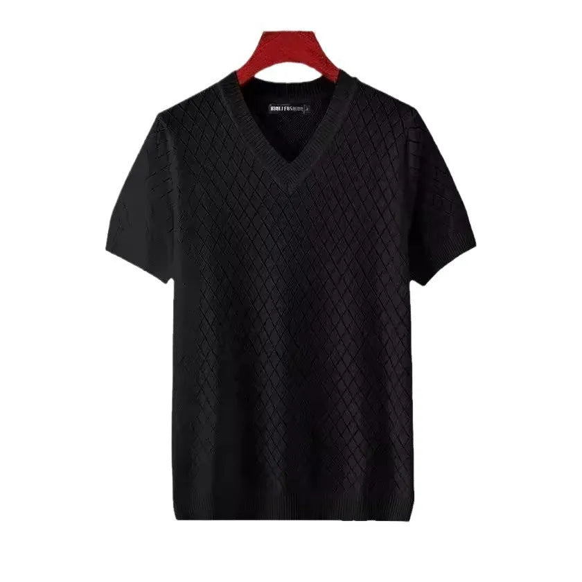 Men's Korean style ice silk V-neck t-shirt in white or black colours