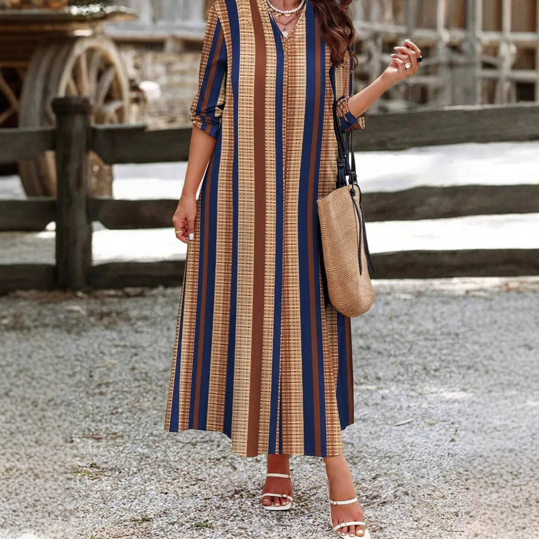 Camel vertical striped knitted long dress with V-neck and A-line skirt in Japanese casual style