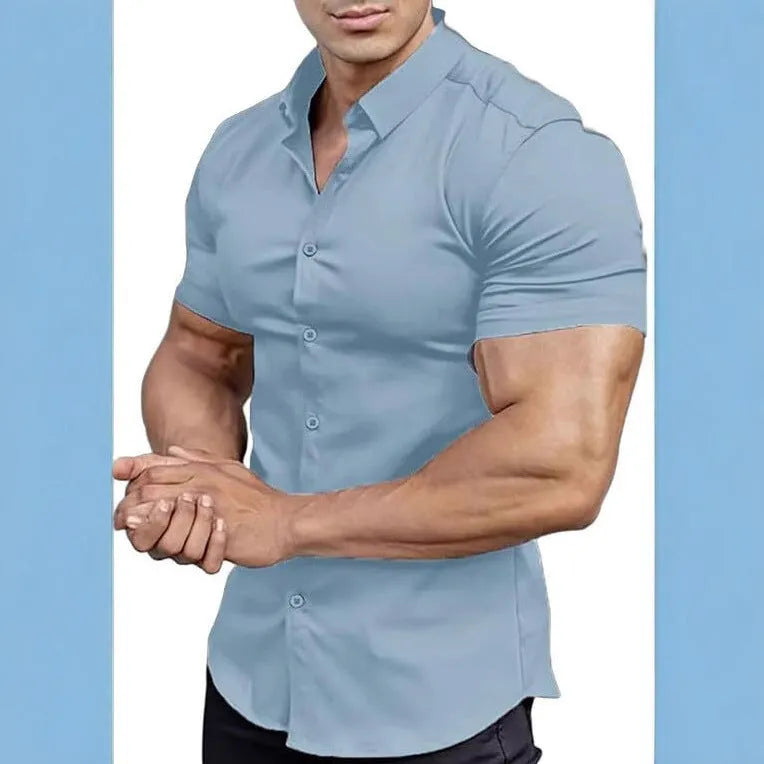 Men's brown short sleeve printed shirt with shirt collar in casual cardigan style.