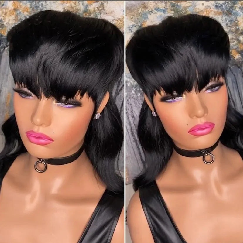 Black Brazilian wig with short back and long front bangs made from high-temperature fibre