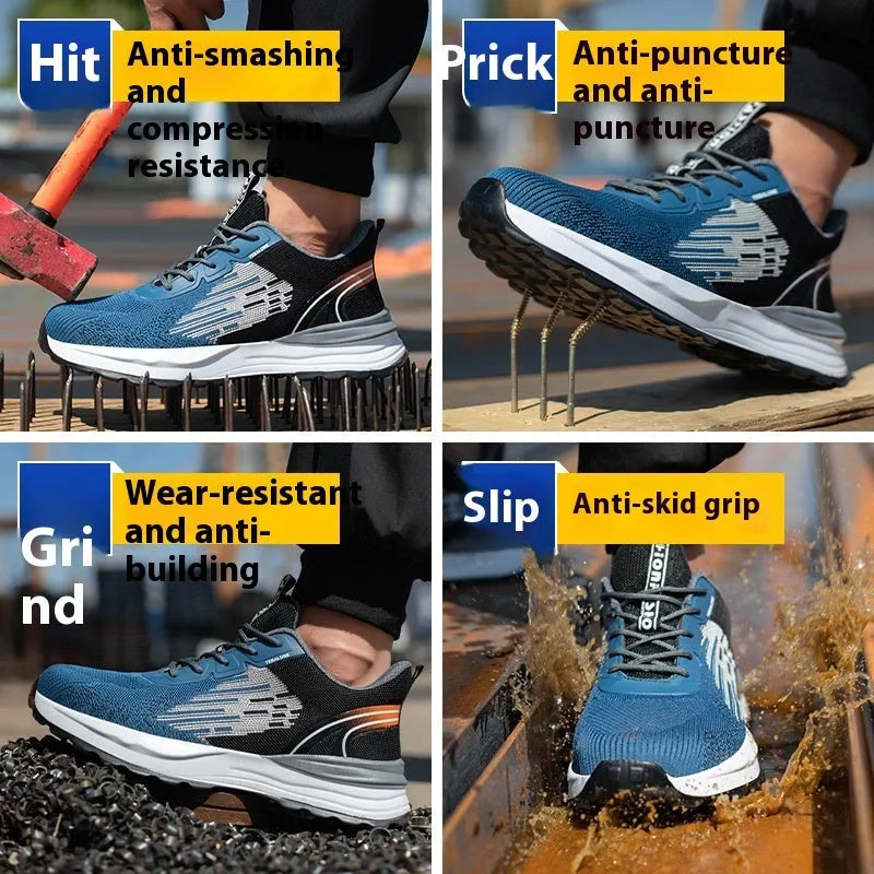Blue men's safety work shoes with mesh upper and plastic toe cap on non-slip sole