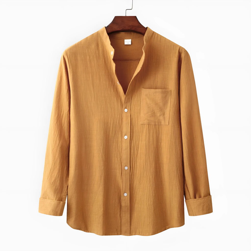 Men's slim-fit brown cotton blend long sleeve shirt on hanger
