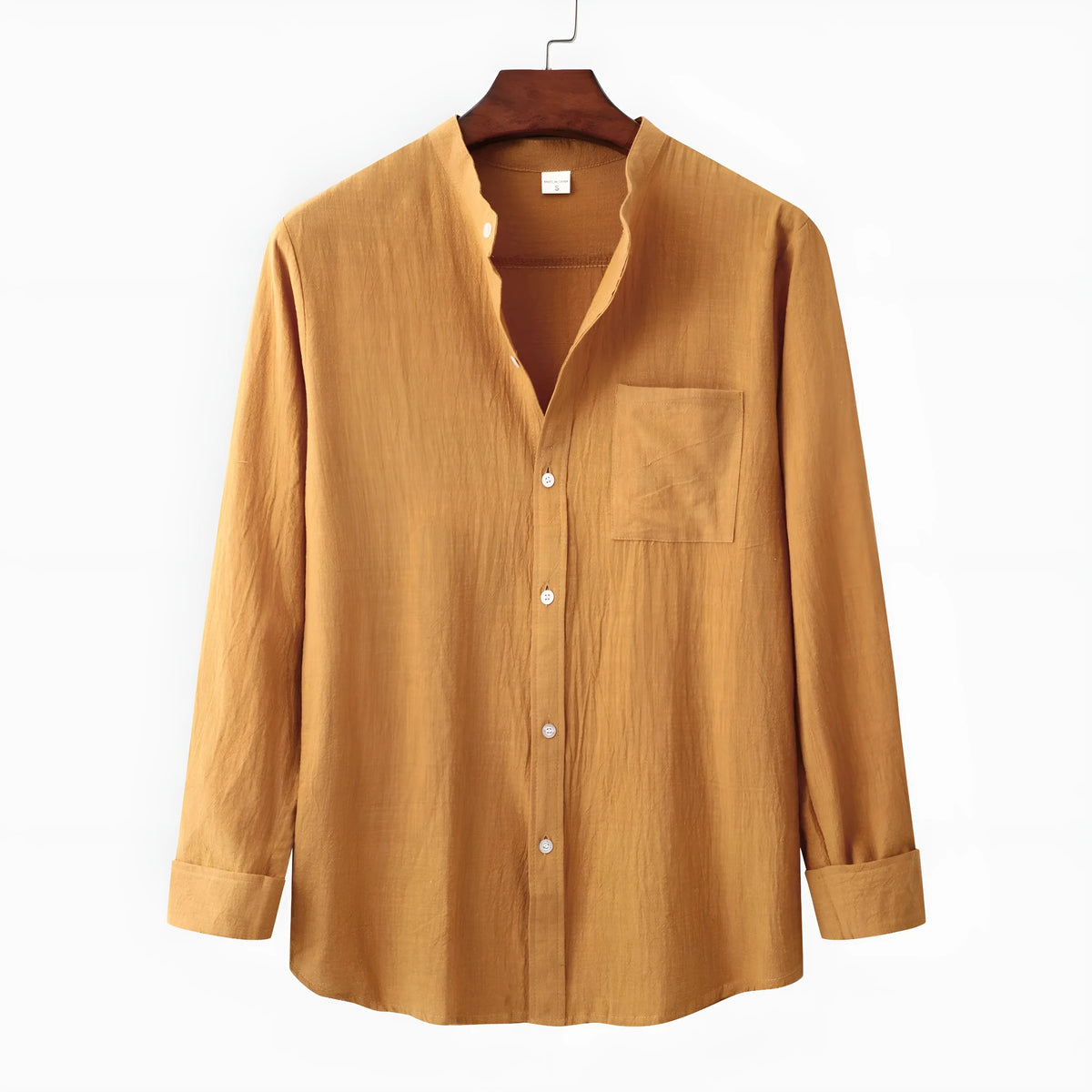 Men's slim-fit brown cotton blend long sleeve shirt on hanger
