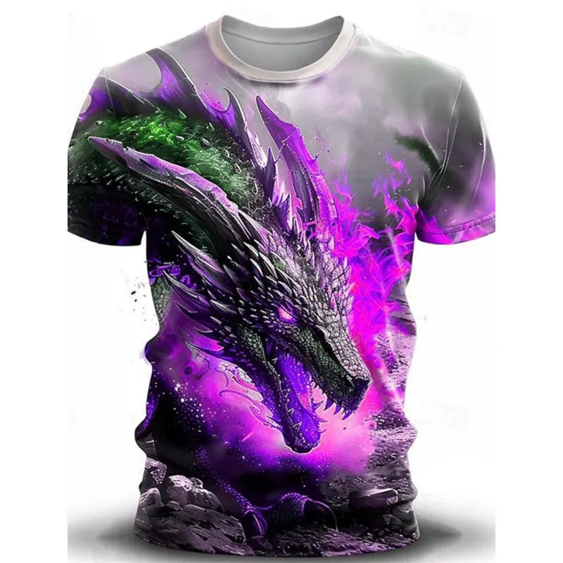 Men's grey short-sleeved T-shirt with a detailed 3D wind dragon graphic print on the front.