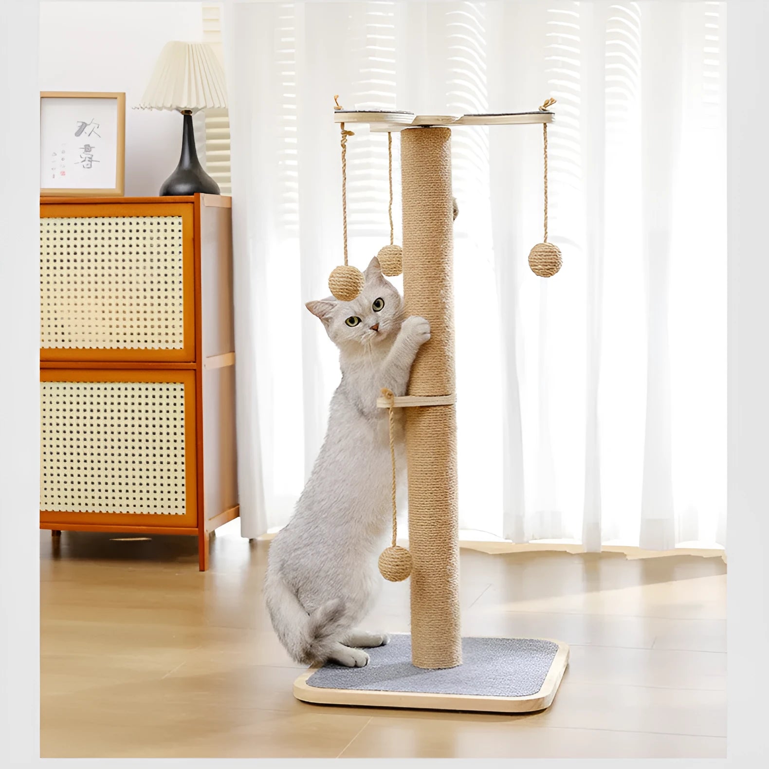 Windmill-style cat climbing frame with scratch-resistant hanging ball toy