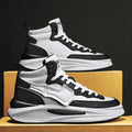Men's black and white platform high-top shoes with round toe and artificial PU upper