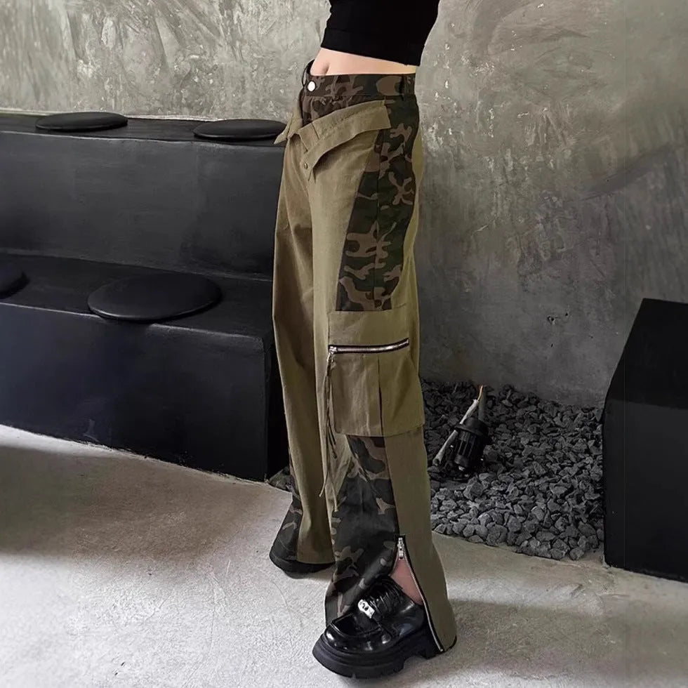 Women's retro high waist straight leg jeans with leopard print pattern on dark khaki denim and tooling style details