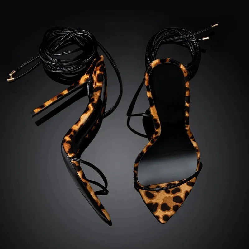 Women's pointed toe leopard print Roman gladiator sandals with lace-up buckle fastening
