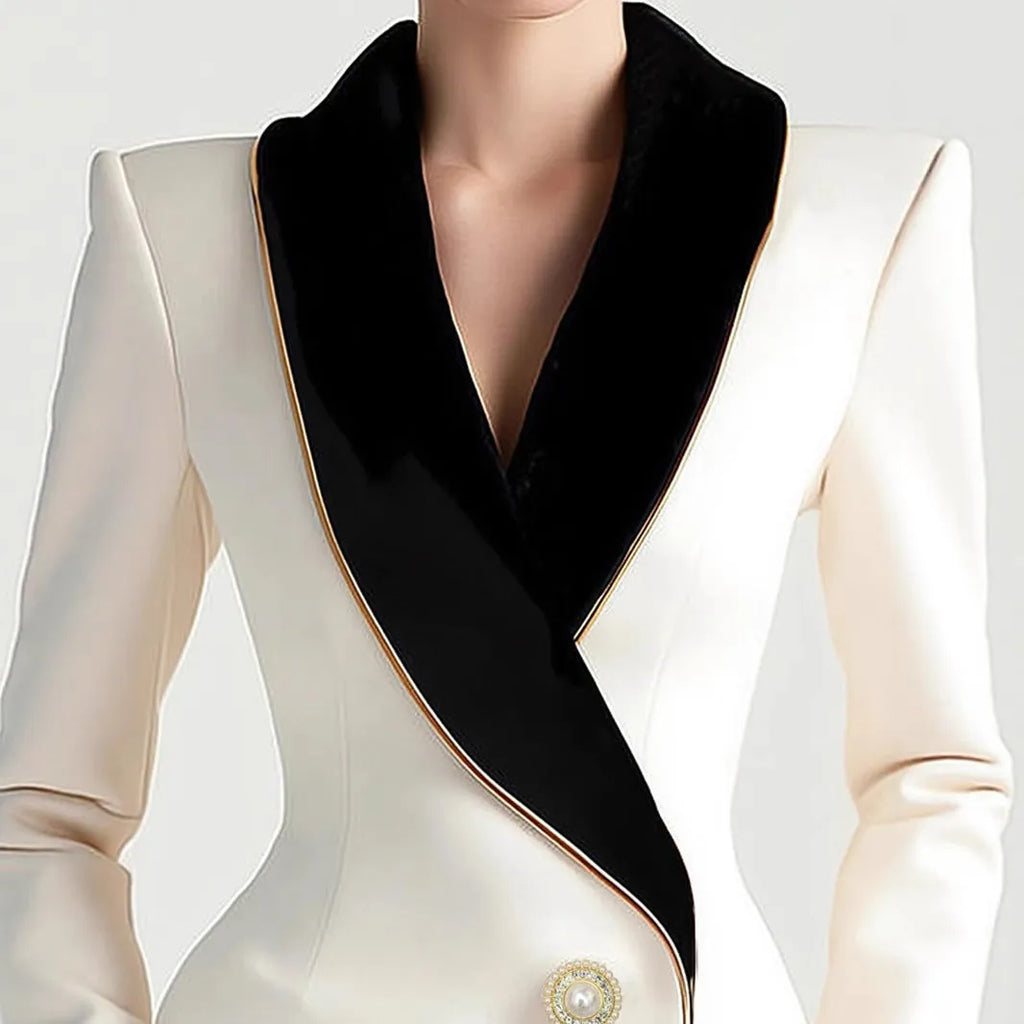Women's milky white coat with irregular hem and golden pearl buttons on long sleeves