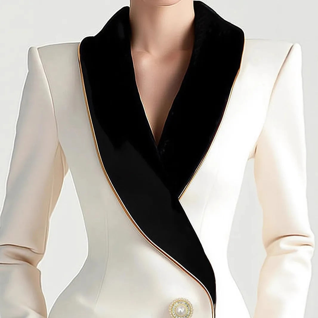 Women's milky white coat with irregular hem and golden pearl buttons on long sleeves