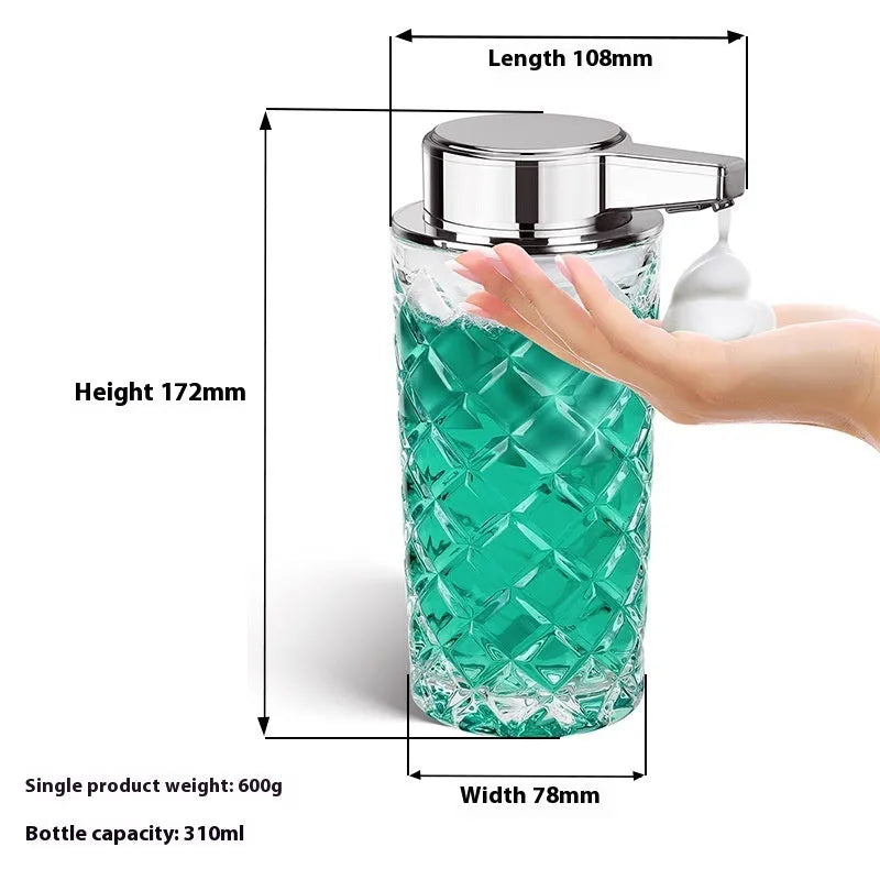 Automatic sensing soap dispenser with silver-plated PET shell and USB-C charging port.
