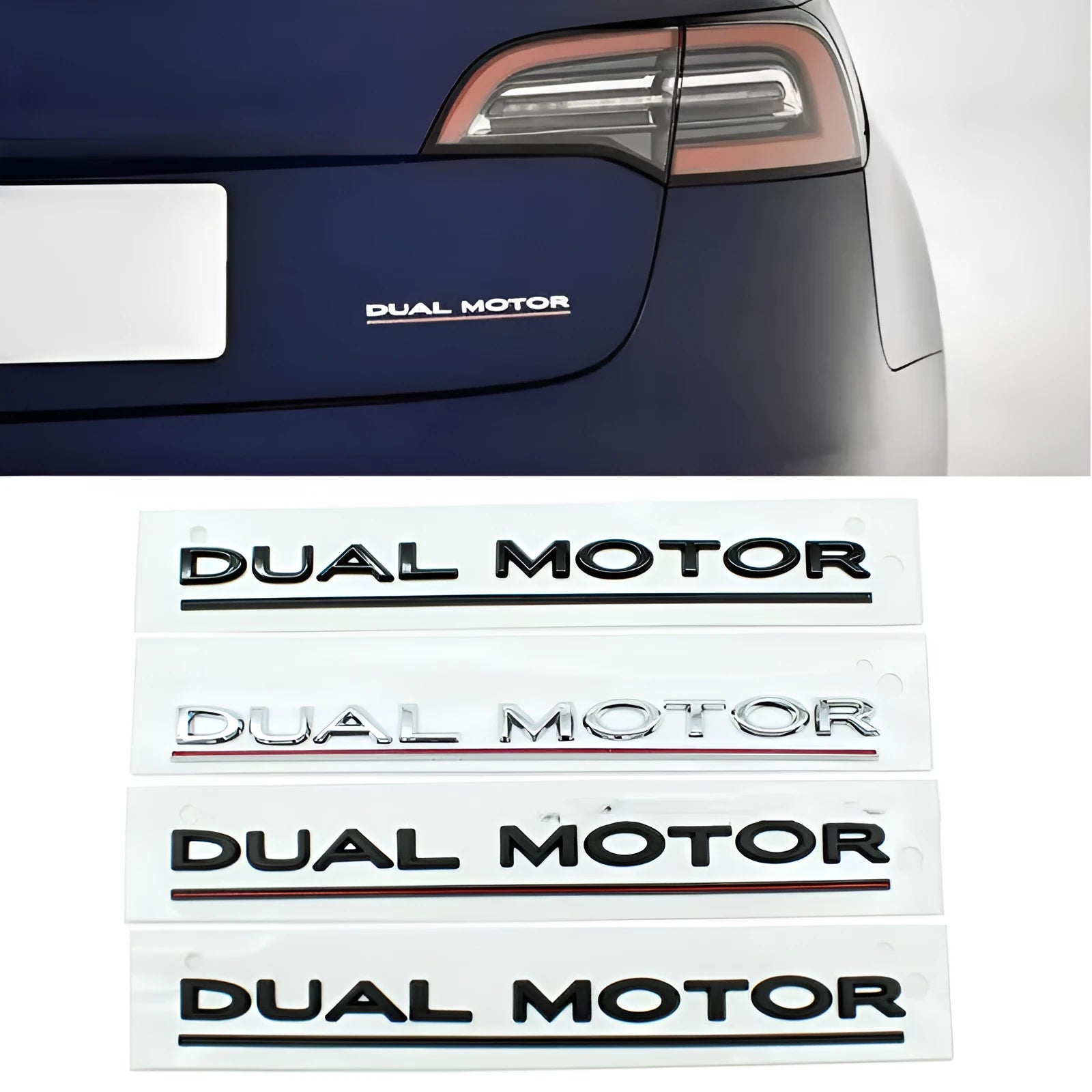 Tesla Model 3 double motor performance bumper sticker in matte black with red stripes
