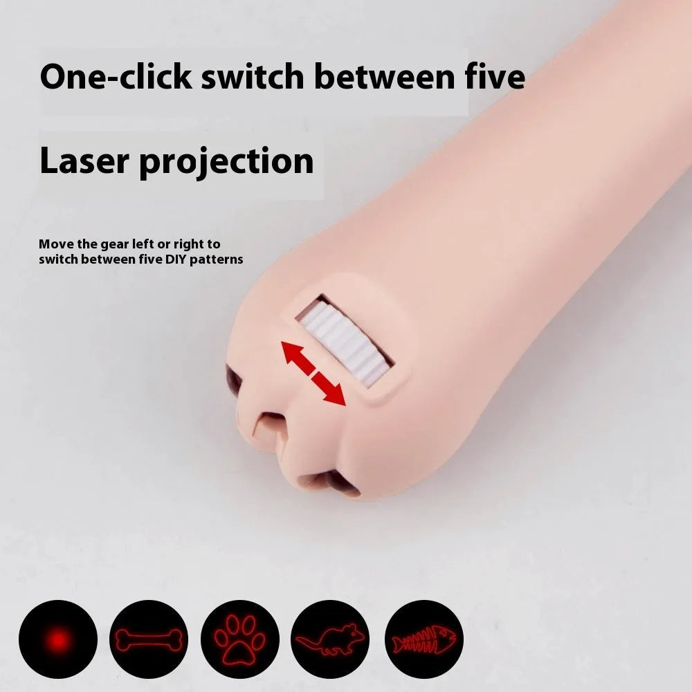 Blue rechargeable infrared cat toy projecting laser footprints on floor with separate cat teasing stick.