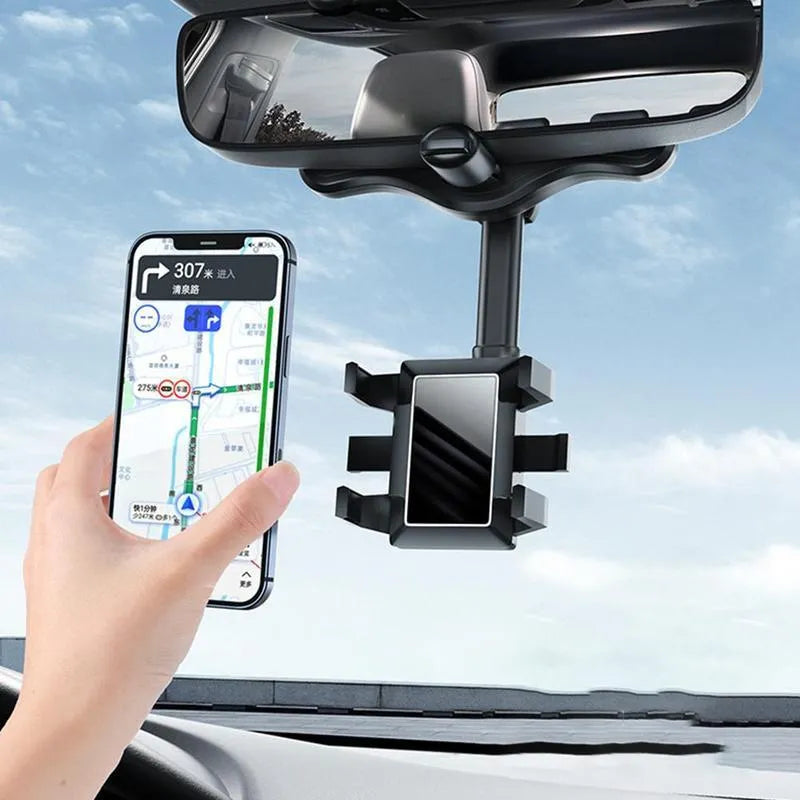 Black rearview mirror car phone holder showing 360 rotation and extended telescopic arm