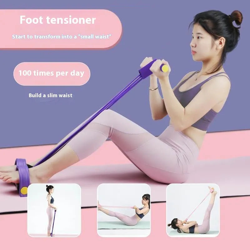 Yoga four piece set showing leg beauty device, yoga ring, pedal tension device, and figure-eight tension rope for home fitness.